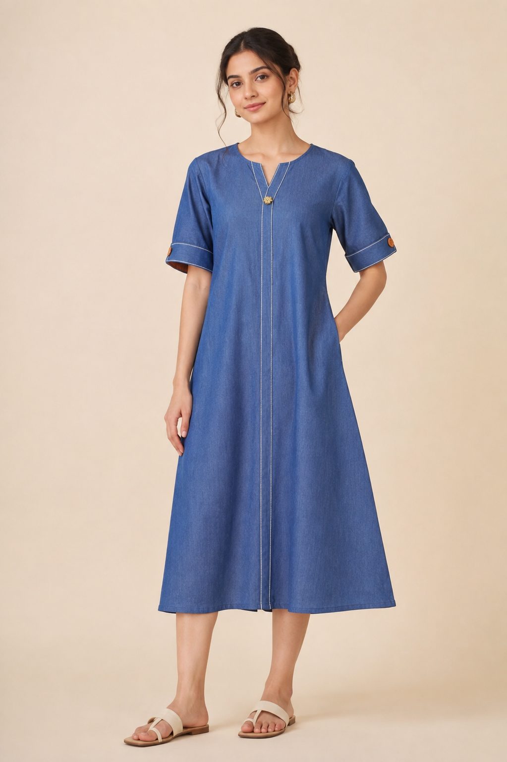 CHAMBRAY THREAD WORK DRESS